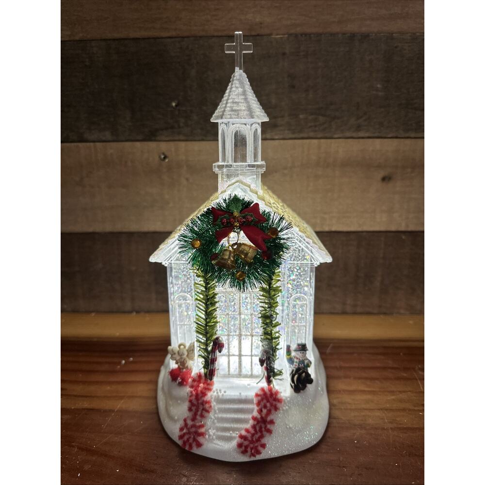 Lighted Church Snow Globe Glitter Globe with Pine Accents 10.5"
